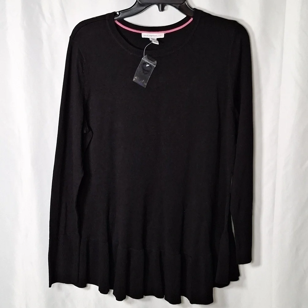 💚 Isaac Mizrahi Live Sweater Tunic Top Women's  Black Ruffle Flare Hem